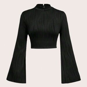 SHEIN 🖤 Black Ribbed Mock-Neck Bell-Sleeve Crop Top